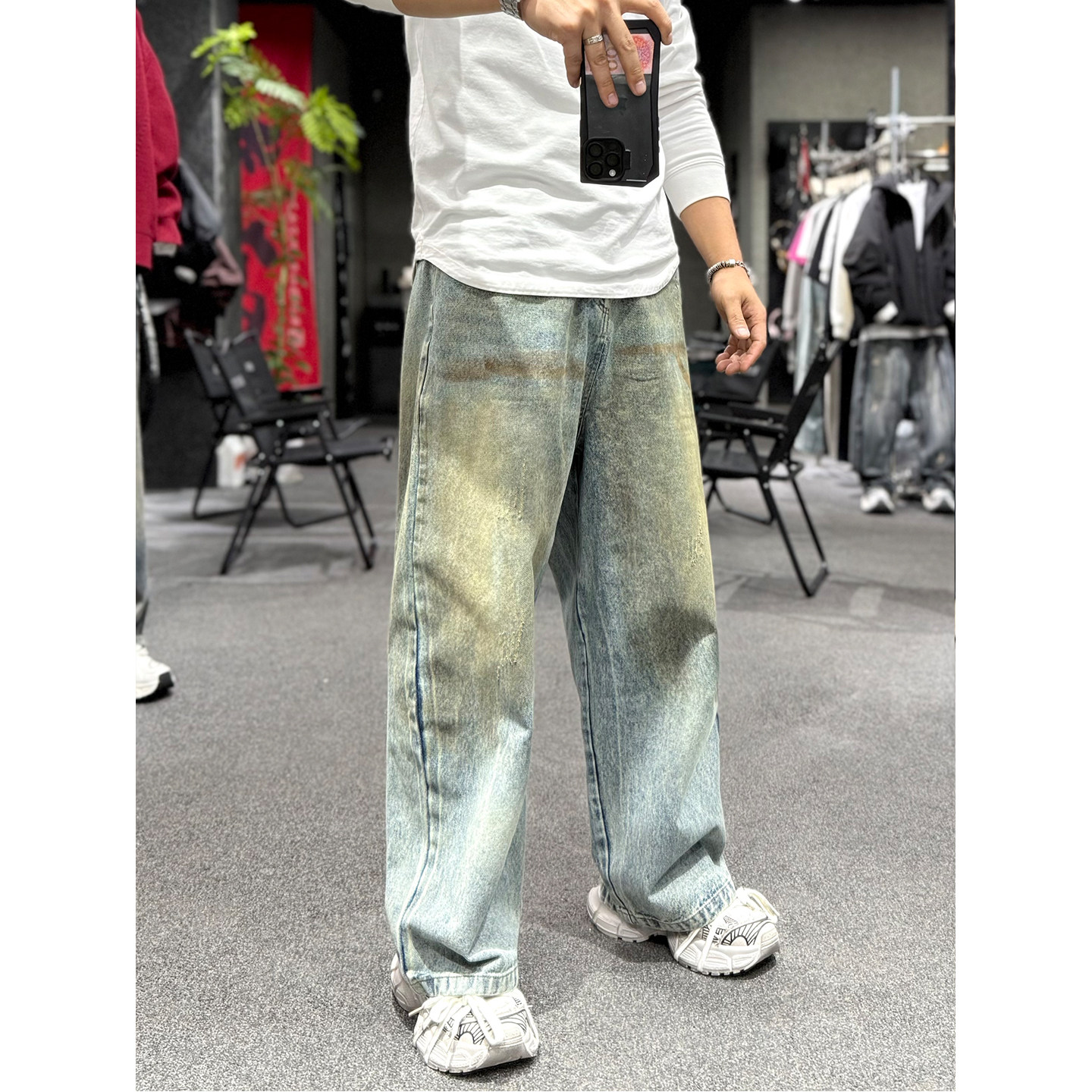 2026春美式复古水洗牛仔裤男青年宽松直筒阔腿裤潮牌做旧高街长裤