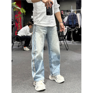 26春潮牌高街水洗磨白弯刀牛仔裤男青年痞帅贴布直筒宽松阔腿裤子
