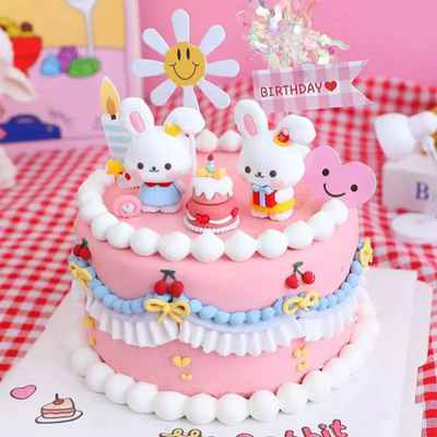 兔宝宝周岁蛋糕装饰品可爱小兔子摆件ins风儿童生日卡通烘焙插件
