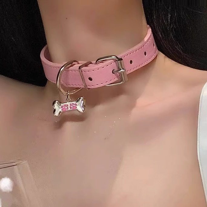 粉色chocker骨头黑色项圈女男颈带牵引绳脖子配饰颈链情侣锁骨链