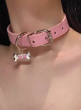 粉色chocker骨头黑色项圈女男颈带牵引绳脖子配饰颈链情侣锁骨链