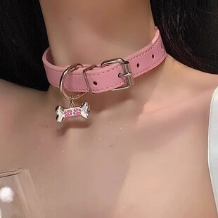 粉色chocker骨头黑色项圈女男颈带牵引绳脖子配饰颈链情侣锁骨链