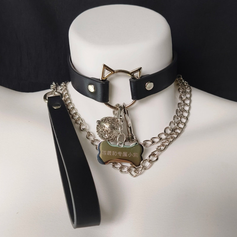 猫咪铃铛项圈女小狗定制刻字牵引男黑色质感m颈带choker