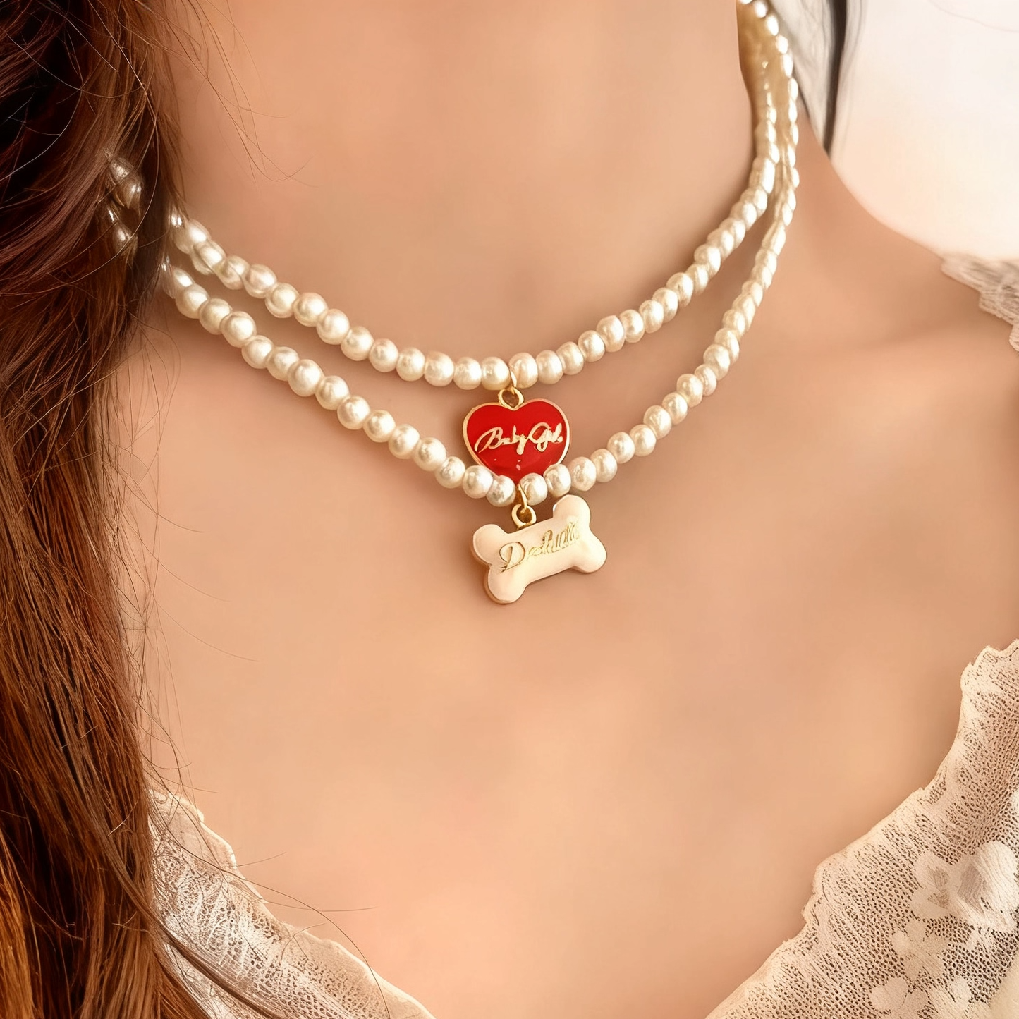 ins小狗爱神原创设计项链手链手串日系少女的施家珍珠爱心锁骨链