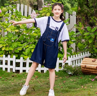 女童夏装套装2025新款儿童装网红洋气女孩大童时髦牛仔背带裤夏季