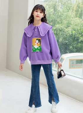 童装女童卫衣春秋款2025新款洋气套头紫色卡通儿童春装中大童上衣