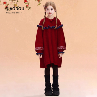 女童冬季连衣裙2025新款洋气女孩红色中式裙子新年服装圣诞公主裙