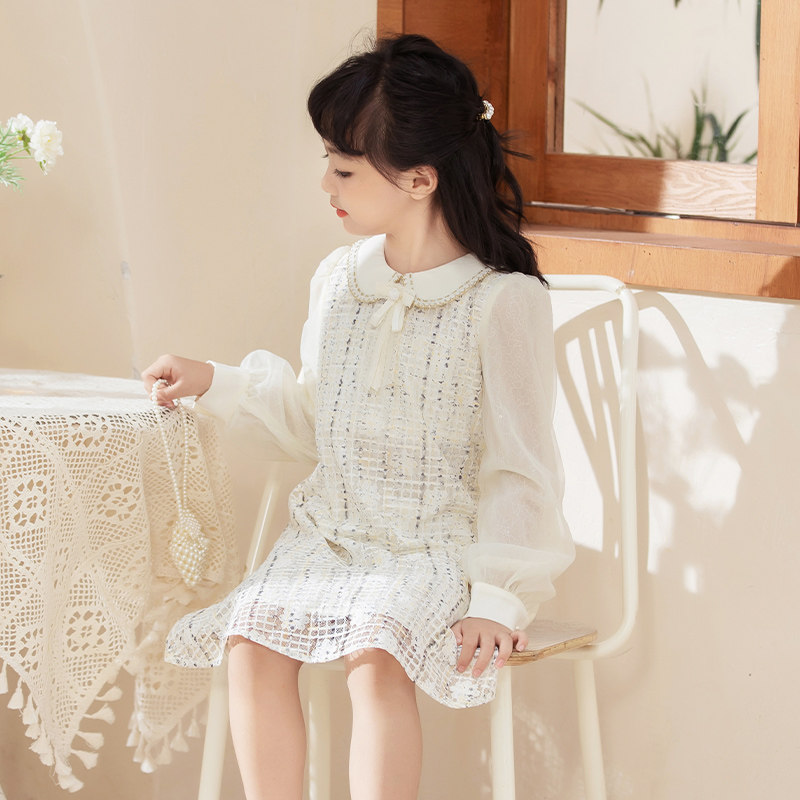 女童连衣裙春季小香风2024新款洋气女孩长袖儿童娃娃领蕾丝公主裙