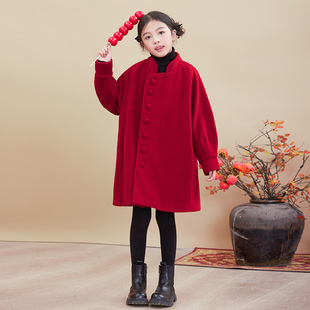女童呢子大衣2025新款秋冬款夹棉加厚儿童冬装中长款红色毛呢外套