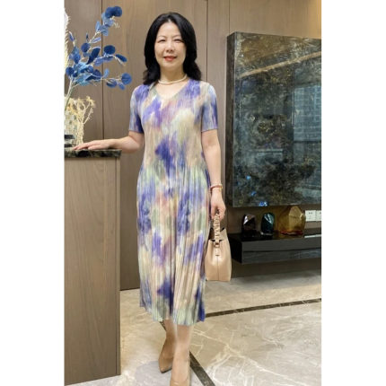 弹力褶皱连衣裙妈妈真丝印花裙夏季圆领短袖薄款弹力魔术修身显瘦