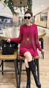 女士毛衣针织衫中长款打底衫小裙子2023春装新款重工烫妈妈百搭