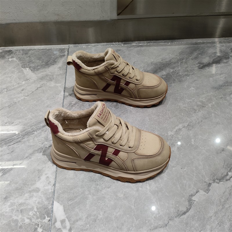 时尚系带休闲鞋女2025年冬季新款轻便百搭真皮加绒二棉厚底运动鞋