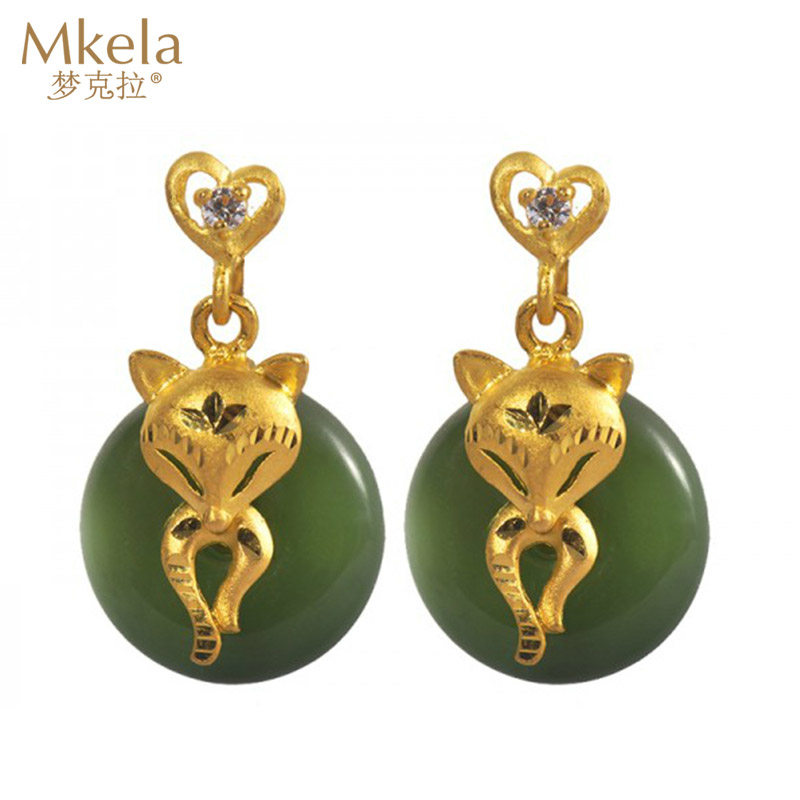 梦克拉金镶玉耳饰玉狐 足金镶嵌和田碧玉耳坠 黄金碧玉耳坠