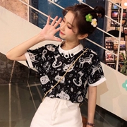 2019 mới Hàn Quốc thời trang trái tim Yangqi thiết kế áo in hình áo thun mỏng tay ngắn tay mùa hè nữ - Áo sơ mi chiffon ren