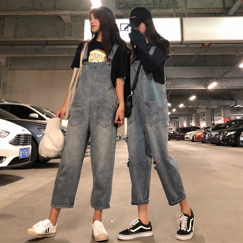春装女装韩版宽松复古做旧背带连体裤牛仔裤高腰破洞阔腿裤九分裤|ruв категории Женская одежда, джинсы - от Buy2taobao.com для оказания профессиональной услуги покупки агента Taobao