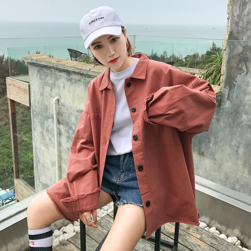 早秋女装韩版学院风复古宽松洗水流苏牛仔衬衫长袖开衫上衣外套潮