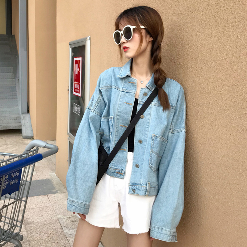 夏季女装韩版BF风宽松百搭牛仔外套短款后开叉长袖开衫上衣夹克潮