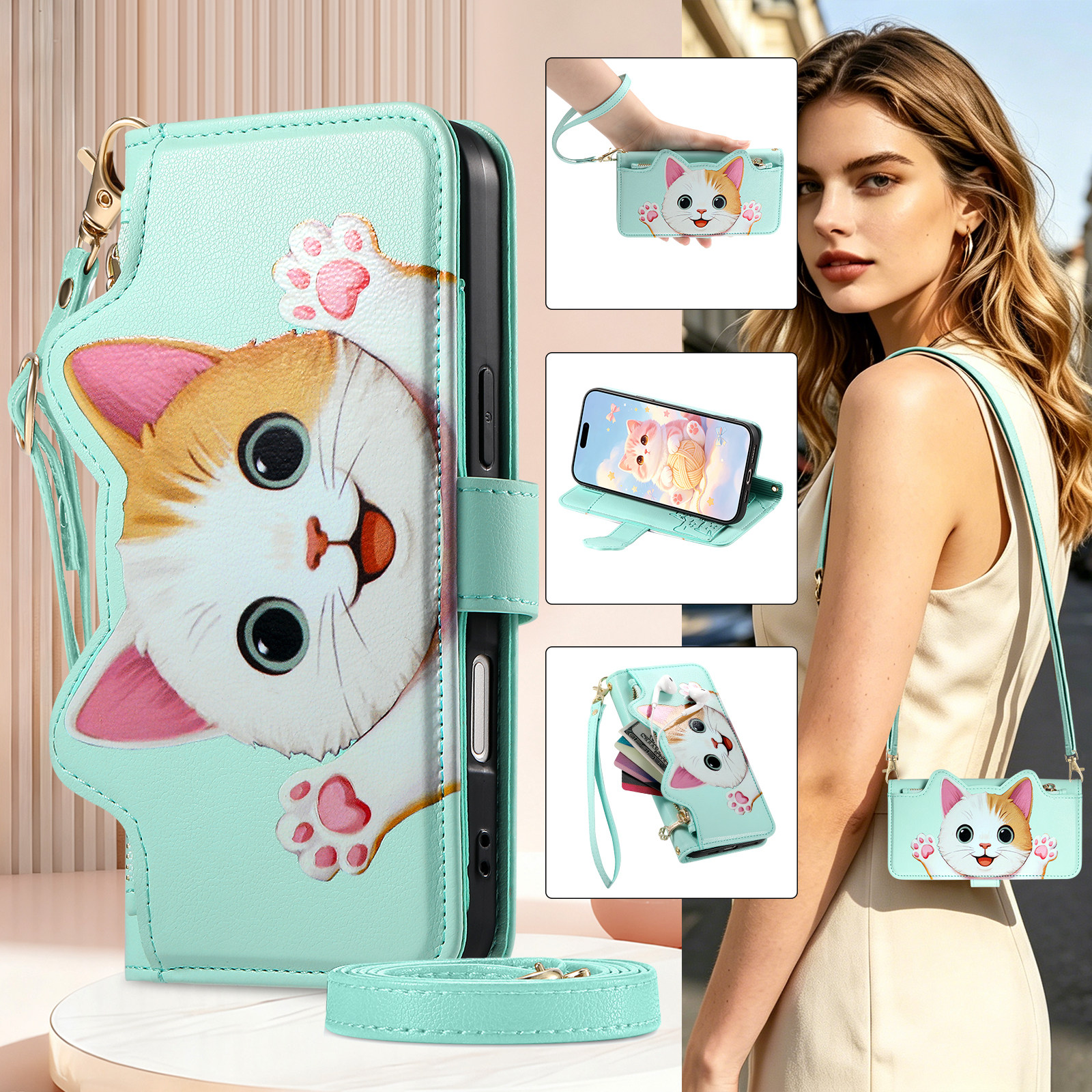猫咪盖子拉链插卡手机套斜跨绳