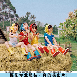 儿童摄影服装夏日户外头巾多巴胺衣服水桶拍照道具男女童外景写真