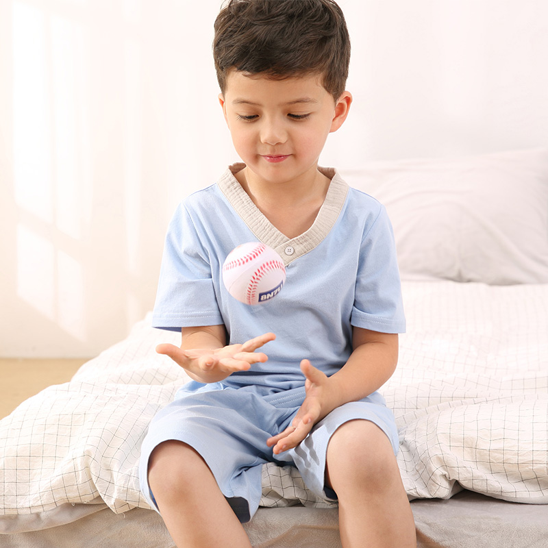 babyONE儿童V领纯色舒适全棉家居服纯棉睡衣套装轻薄透气家居服