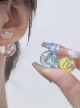 超仙粉色炫彩透明清新可爱花朵女海边度假耳饰幻彩两戴耳钉前后戴