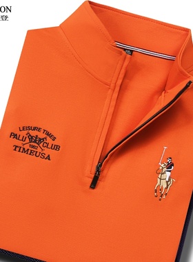清仓特价秋季立领长袖男T恤半拉链上衣橙色橘色刺绣Polo衫丝光棉