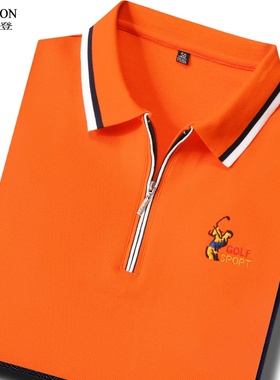 纯棉长袖T恤男装半拉链POLO衫翻领上衣服橙色高尔夫球服T品牌秋季