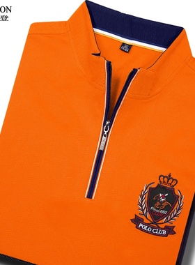 夏季新款丝光棉橙色短袖T恤半拉链高档男装POLO衫休闲宽松上衣服
