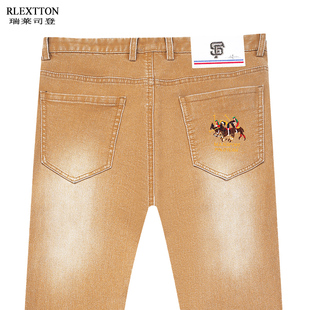 欧洲站潮牌刺绣牛仔裤男裤子渐变土黄色卡其色长裤中腰直筒裤春秋