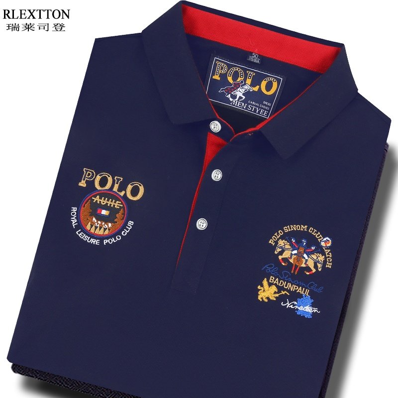 高端纯棉短袖翻领男T恤体恤POLO衫藏蓝宝蓝深蓝色夏装夏季上衣服