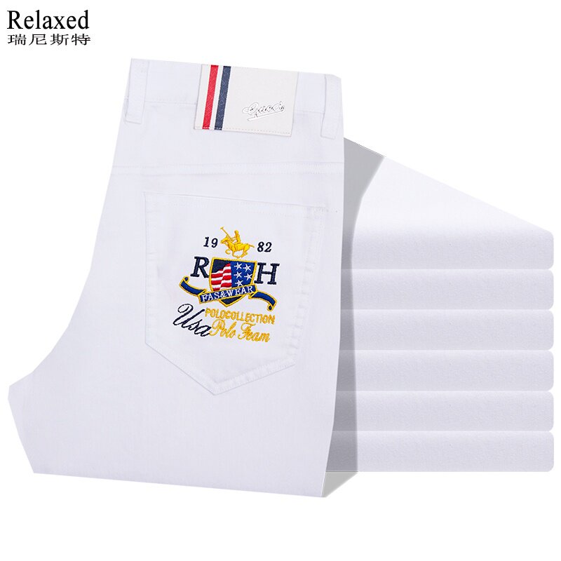 男士白色牛仔裤男裤子百搭休闲长裤高档弹力直筒牛子裤男装裤春夏