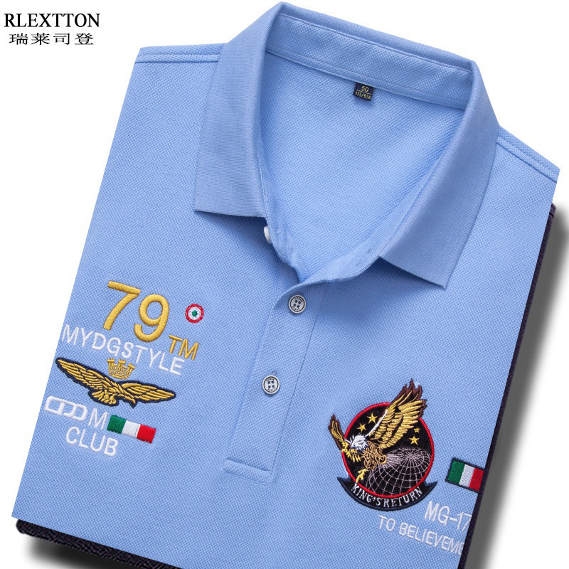 品牌男装短袖翻领T恤纯棉POLO衫高档刺绣有领半袖T上衣潮蓝色夏季