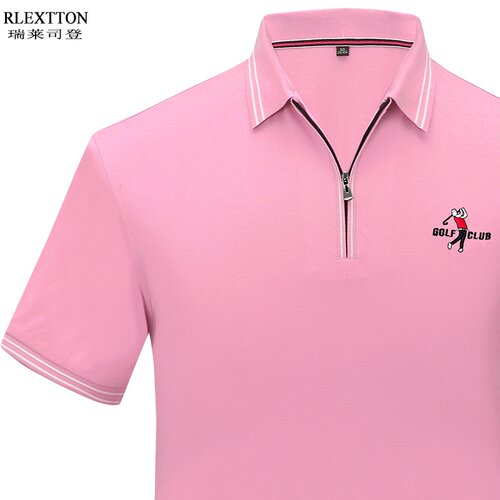 夏季男士拉链短袖T恤翻领POLO衫粉红色休闲高尔夫球上衣薄款透气T