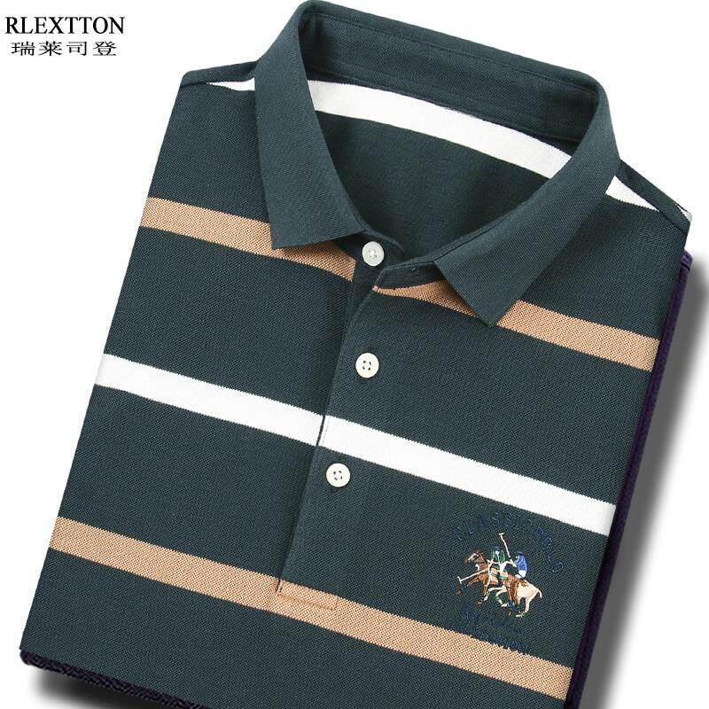 春季长袖T恤男POLO衫条纹翻领上衣中年爸爸体恤品牌男装春装刺绣