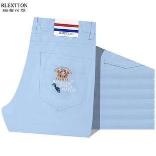 中腰直筒长春夏纯棉薄款 子高端刺绣天蓝浅蓝色彩裤 男裤 潮牌休闲裤