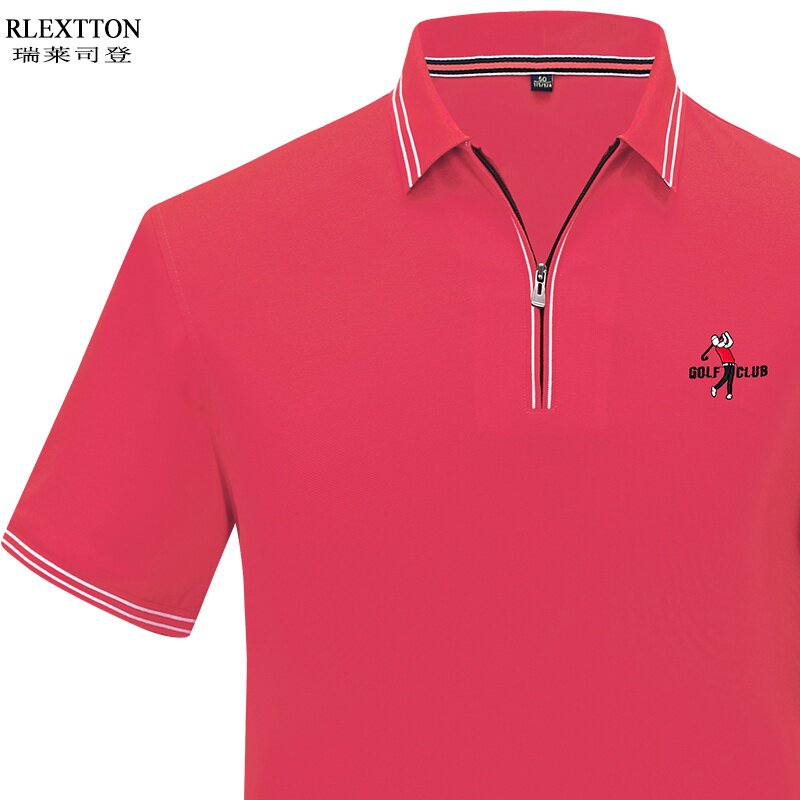 丝光棉短袖T恤男拉链翻领POLO衫半袖体恤玫红色T高尔夫上衣夏季潮