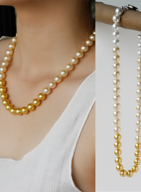 w的手创澳白渐变金珠色珍珠项链
