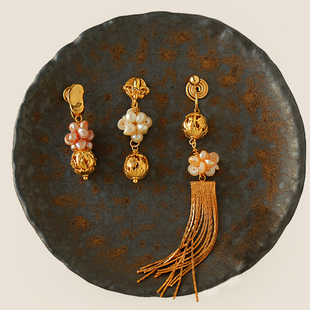 维多利亚古典中世纪浪漫优雅天然珍珠花簇流苏蚊香盘耳夹小众耳饰