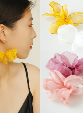 春夏度假风花瓣无耳洞耳环黄粉色W的手创布艺显瘦显白蚊香盘耳夹