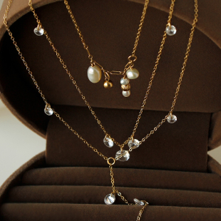 洗澡不用摘 极细精致3颗锆石水钻14K包金注金时尚闪耀锁骨Y字项链