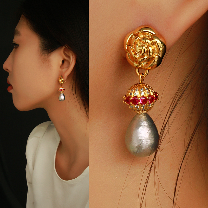 玫瑰無耳洞天然棉花水滴珍珠耳夾