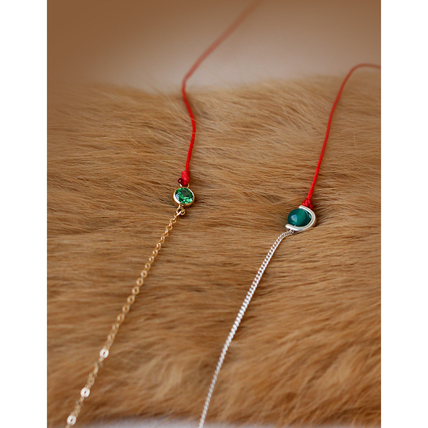 许愿红绳·可碰水不褪色·祖母绿锆石·S925银绿玛瑙极细编织项链