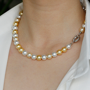 强光正圆气质人造仿南洋金珠澳白三色混彩糖果色珍珠项链倪妮同款