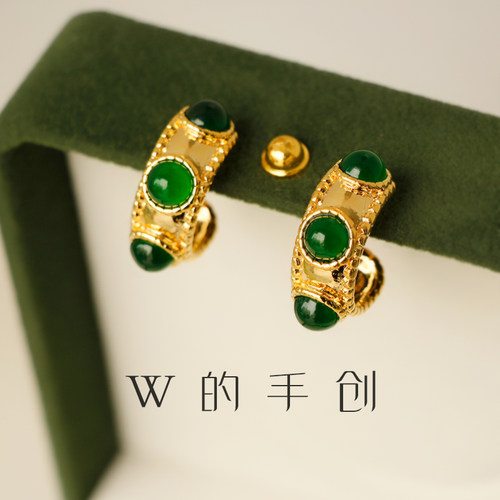w的手创宝石绿复古时尚无痛耳夹