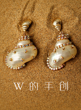 原创白海螺古董时髦无耳洞耳钉法式海洋风中古复古小众蚊香盘耳夹
