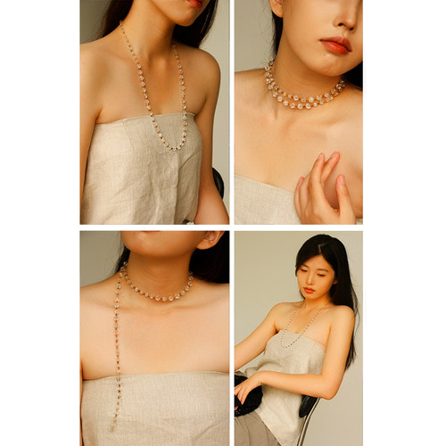 天然切面白水晶双层叠戴长项链