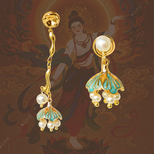 烧蓝牡丹珍珠流苏无痛耳夹