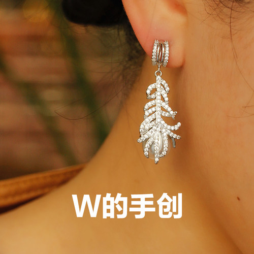 W的手创羽毛锆石蚊香盘耳夹耳钉