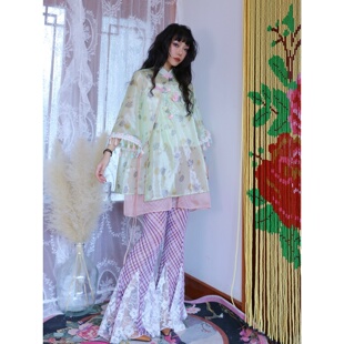 畔喜鱼一雾粉格子蕾丝拼接喇叭裤女夏季提花鱼尾超模裤微喇休闲裤