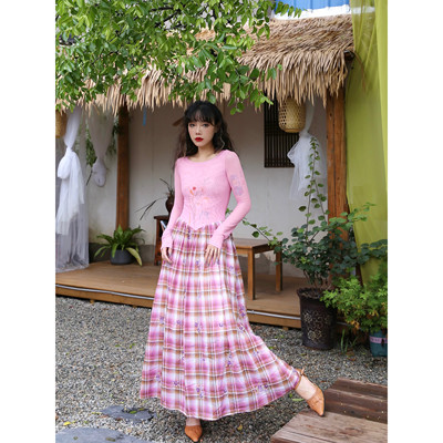 复古个性粉格子拼接长袖连衣裙